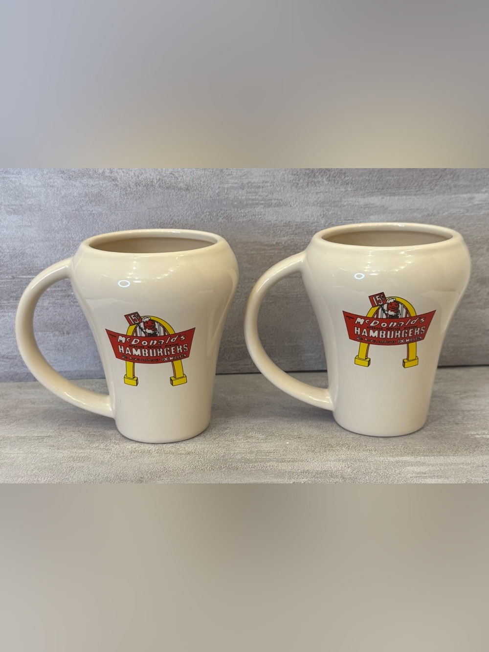 McDonald's 2009 “Speedee” Beige Ceramic Mug Pair with Retro Hamburger Logo